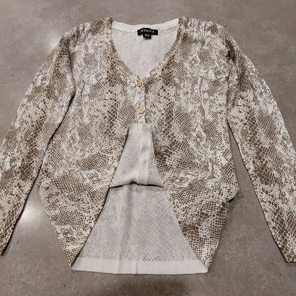 JESSICA Petite Women's Cream/Taupe Snakeskin Print Button Down L/S Cardigan XS - Picture 8 of 13